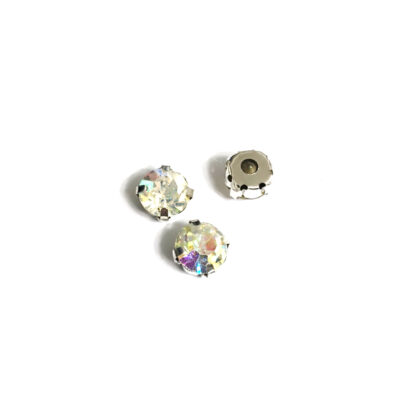 Silvery metal claws cup faceted iridescent sew-on round rhinestones - size 9 mm - 3 pieces
