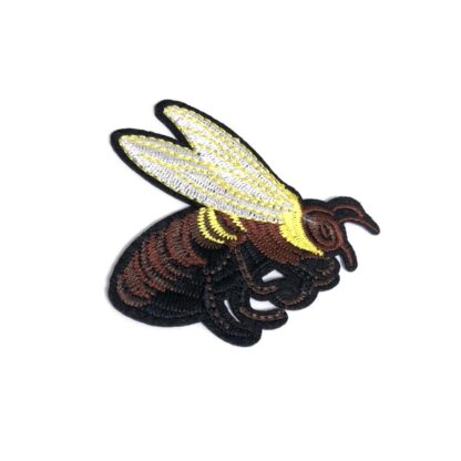 Yellow brown and white embroidered bee on black iron-on garment sticker by piece - size 71 x 83 mm