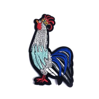 Grey blue and red rooster on black with yellow crown iron-on garment sticker by piece - size 90 x 152 mm