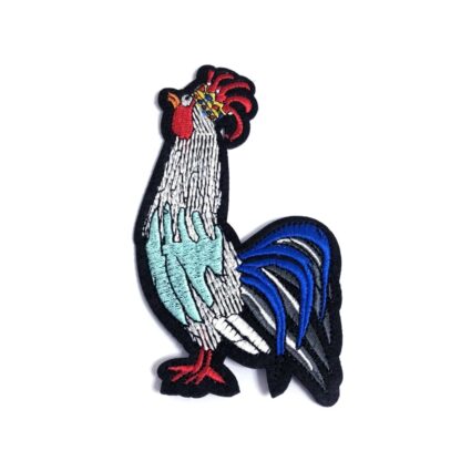 Grey blue and red rooster on black with yellow crown iron-on garment sticker by piece - size 90 x 152 mm