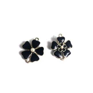 Pearly white ball black flower golden metal connector - size 22 x 26.5 mm