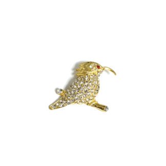 Clear rhinestones red eye golden metal bird on branch brooch - size 48 x 55 mm