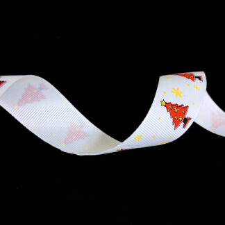 White grosgrain ribbon with decorated red trees and yellow snowflakes by metre - width 25 mm