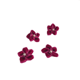 Reddish pink velvet ribbon flower with pearly white bead centre decoration - size 25 mm - 4 pieces