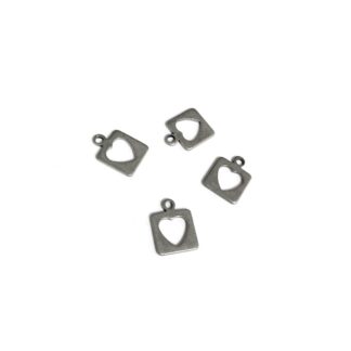 Perforated heart square grey metal pendants - size 10 х 13 mm - 4 pieces