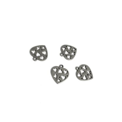Perforated hearts silvery metal pendants - size 12 x 14 mm - 4 pieces