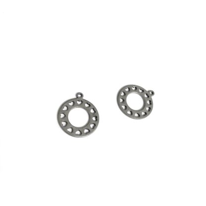Perforated hearts round grey metal pendants - size 18 mm - 2 pieces
