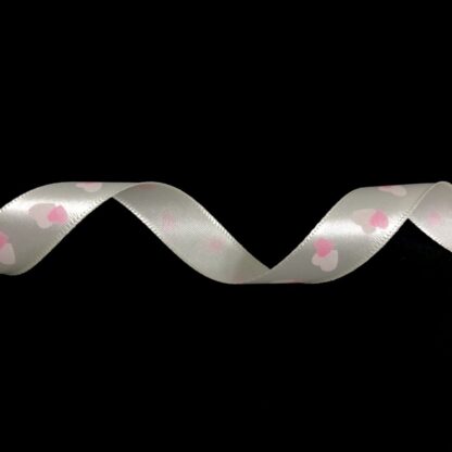 Cream satin ribbon with white and pink hearts by metre - width 16 mm