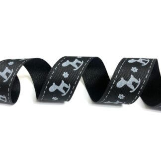 Black grosgrain ribbon with white stitches flowers and rocking horses by metre - width 25 mm
