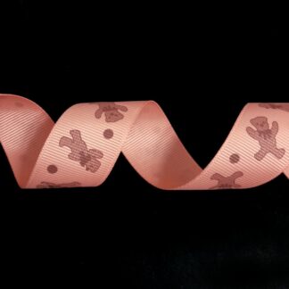 Light pink orange grosgrain ribbon with grey bear and dots by metre - width 25 mm