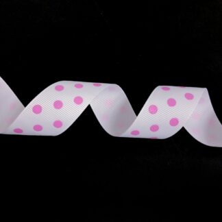 White grosgrain ribbon with pink polka dots by metre - width 25 mm