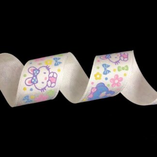 Cream white grosgrain ribbon with rabbits bear cubs and flowers in multiple colours by metre - width 26 mm