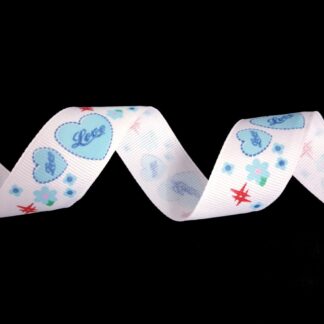 White grosgrain ribbon with hearts, stars and flowers depicted - width 25 mm