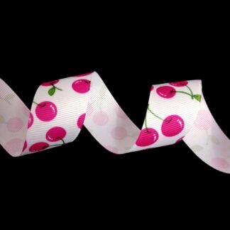 White grosgrain ribbon with pink cherries and green leaves by metre - width 25 mm