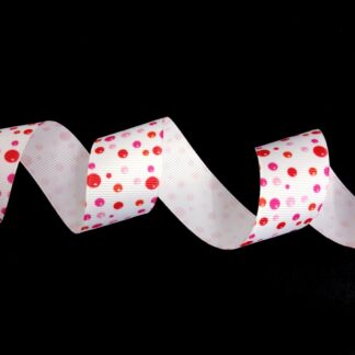 White grosgrain ribbon with red and pink balloons by metre - width 25 mm