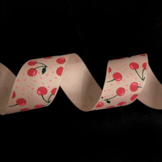 Reddish cream grosgrain ribbon with red cherries and green leaves by metre - width 25 mm