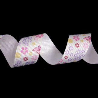 White grosgrain ribbon with pink and purple butterflies and flowers in multiple colours by metre - width 25 mm