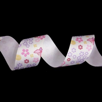 White grosgrain ribbon with pink and purple butterflies and flowers in multiple colours by metre - width 25 mm