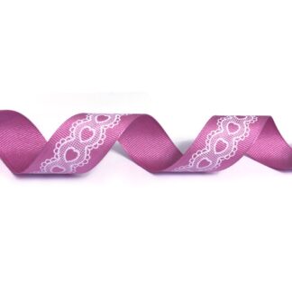 Greyish light pink grosgrain ribbon with white hearts by metre - width 26 mm
