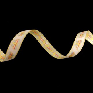 White cotton ribbon with yellow edges light blue and reddish butterflies by metre - width 12 mm