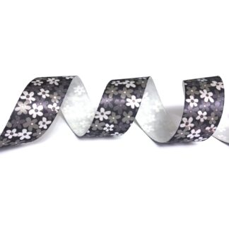 Black satin ribbon with white and grey flowers by metre - width 25 mm