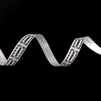 White polyester ribbon with word HANDMADE in black by metre - width 13 mm
