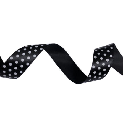 Black satin ribbon with white polka dots by metre - width 25 mm