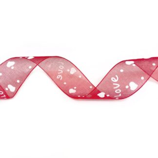 Red organza ribbon with white hearts dots and word Love by metre - width 20 mm
