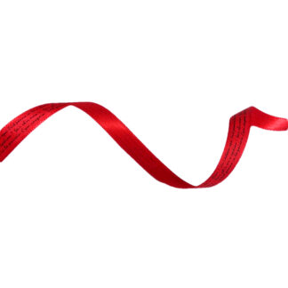 Red satin ribbon with written words in black by metre - width 10 mm
