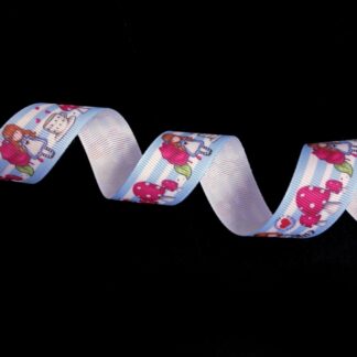 Light blue grosgrain ribbon with white stripes trees mushrooms girls rabbits and cups in multiple colours by metre - width 25 mm