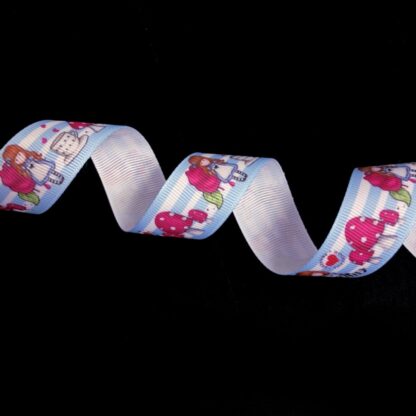 Light blue grosgrain ribbon with white stripes trees mushrooms girls rabbits and cups in multiple colours by metre - width 25 mm