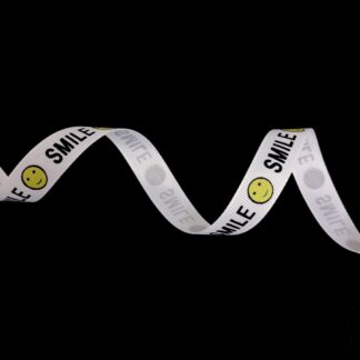 White grosgrain ribbon with yellow smiley face and word SMILE in black - width 15 mm