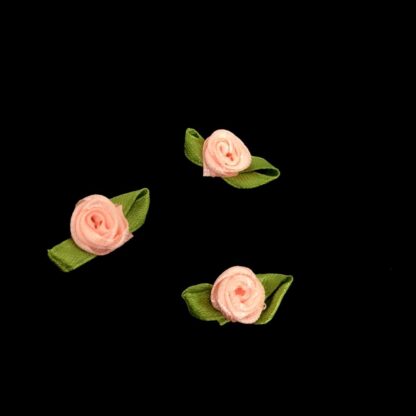 Pinkish cream satin ribbon flower with green leaves decoration - size 15 x 30 mm - 10 pieces