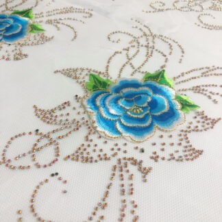 White blue green and golden flower and rhinestones iron-on decoration - size 135 x 205 mm