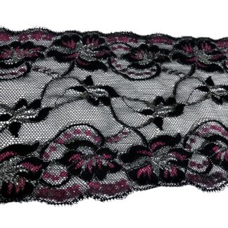 Black lace with pink and silvery flowers by metre - width 14 cm