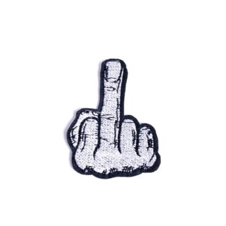 Silvery middle finger hand on black iron-on garment sticker by piece - size 49 x 66 mm