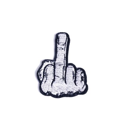 Silvery middle finger hand on black iron-on garment sticker by piece - size 49 x 66 mm