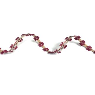 Cream yellow ribbon with dark red embroided flowers and silvery dots by metre - width 13 mm