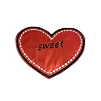 Red heart and word sweet with black and white edges iron-on garment sticker by piece - size 87 x 106 mm