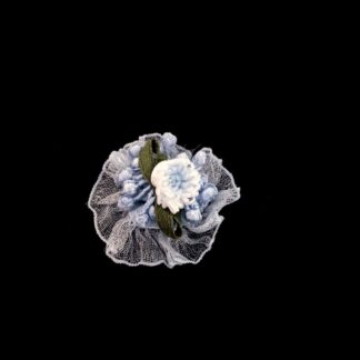 White and blue flower with green satin ribbon leaves on net decoration - size 30 mm - 2 pieces