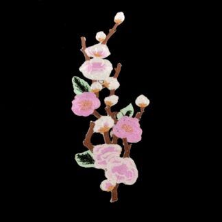 White and golden stamens light pink flowers with green leaves and brown stems embroidered iron-on garment sticker by piece - size 100 x 260 mm