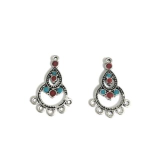 Silvery metal 5 hole earring connector pendant with red and blue dots - size 21 x 32 mm - 2 pieces