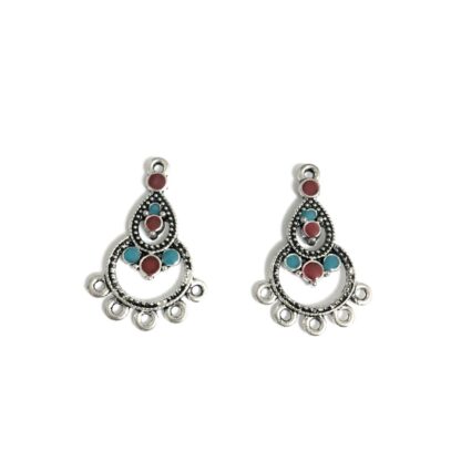Silvery metal 5 hole earring connector pendant with red and blue dots - size 21 x 32 mm - 2 pieces