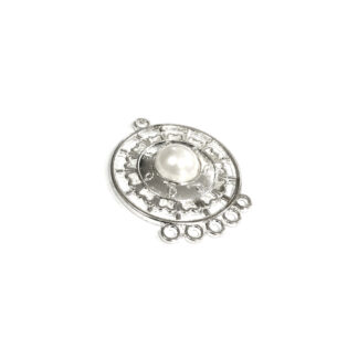 Silvery white metal 5 hole earring connector pendant with pearly cabochon - size 30 mm