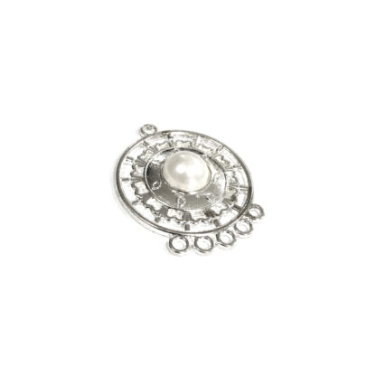 Silvery white metal 5 hole earring connector pendant with pearly cabochon - size 30 mm