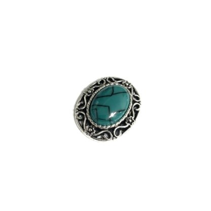 Silvery metal oval ornament with crackle green cabochon - size 24 x 29 mm