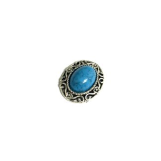 Silvery metal oval ornament with blue cabochon - size 24 x 29 mm