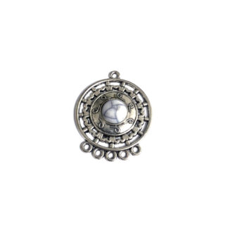 Silvery metal 5 hole earring connector pendant with crackle white cabochon - size 31 x 38 mm