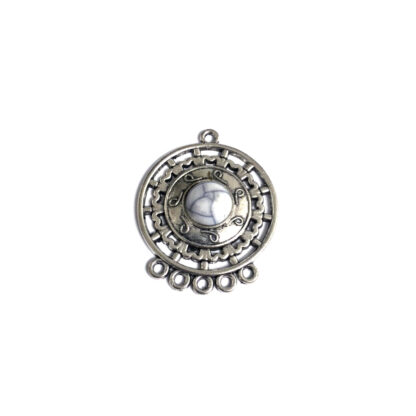 Silvery metal 5 hole earring connector pendant with crackle white cabochon - size 31 x 38 mm