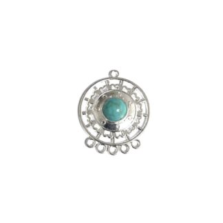 Silvery white metal 5 hole earring connector pendant with turquoise green cabochon - size 31 x 38 mm